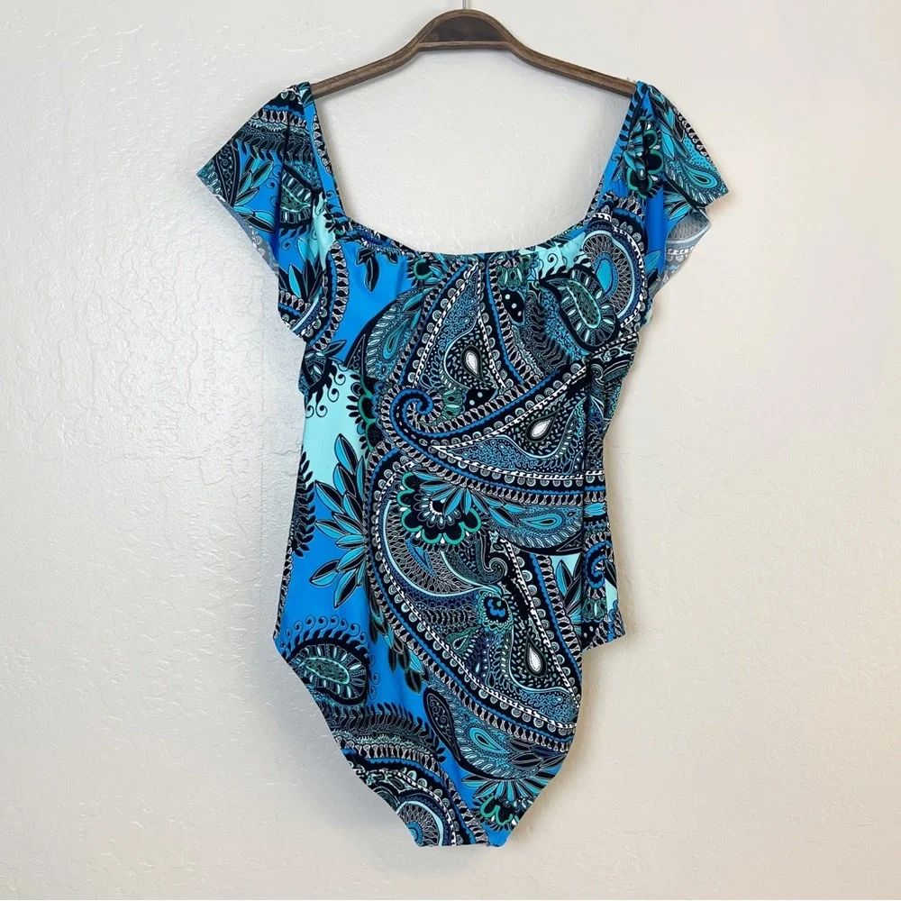•JANTZEN• Off-the-Shoulder Ruffle One Piece Swimsuit in Aqua Reef‎ Print Size 10